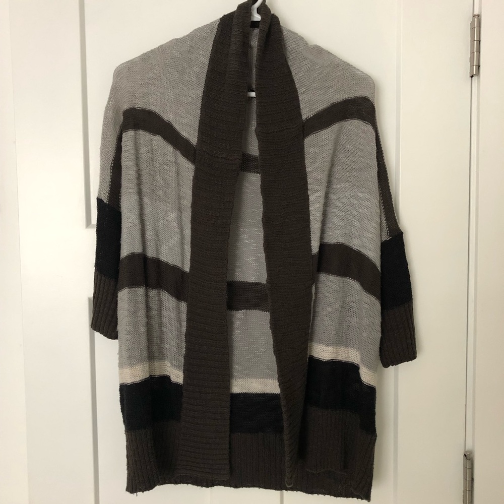 Forever 21 Black, Gray, Brown Striped Boxy Cardigan Sweater, 3/4 Sleeves, Small